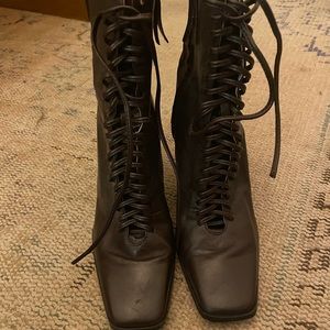 Zara Lace Up Wine Square Toe Heeled Boots 36